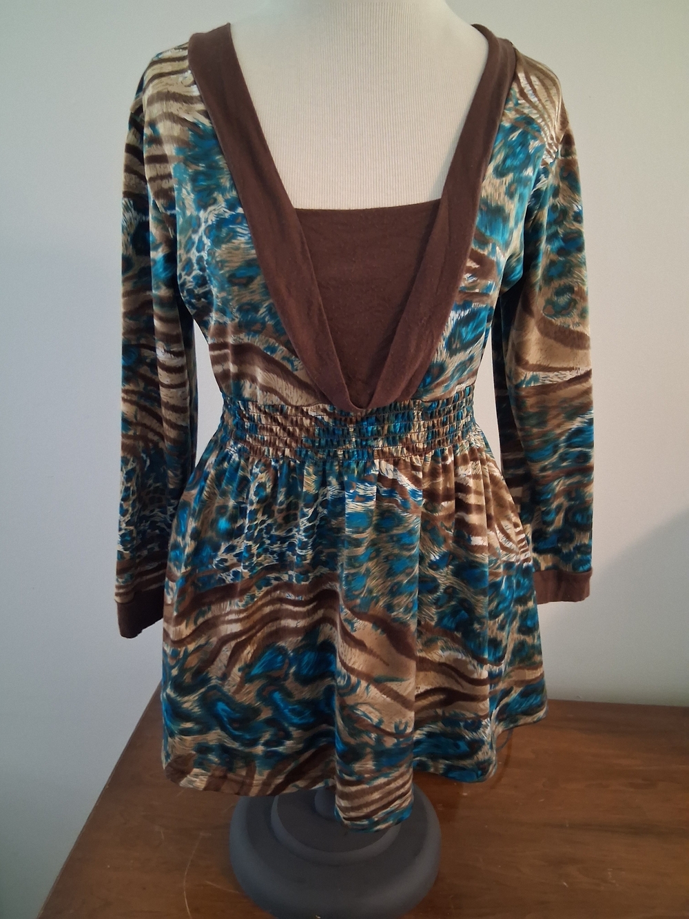 Brown and Teal Patterned V-Neck Tunic Top